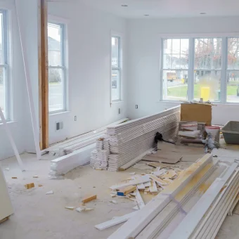 Interior construction of housing with drywall installed door for a new home before installing