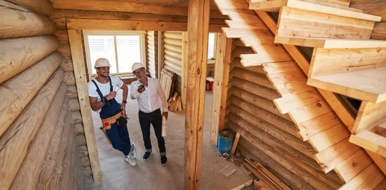 Hopeful construction worker leaning against door and holding nail in hand getting orders from aged site engineer about staircase work